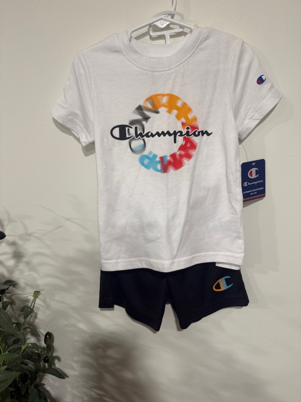 Champion White Tee & Black Shorts Set with Multicolor Ring Logo